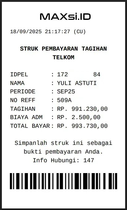 Struk Pembayaran Tagihan Telkom & IndiHome