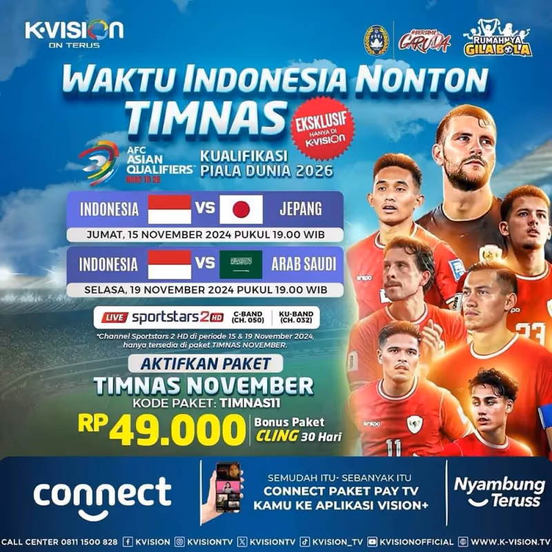 Paket Nonton Timnas K-Vision TV kualifikasi Piala Dunia 2026