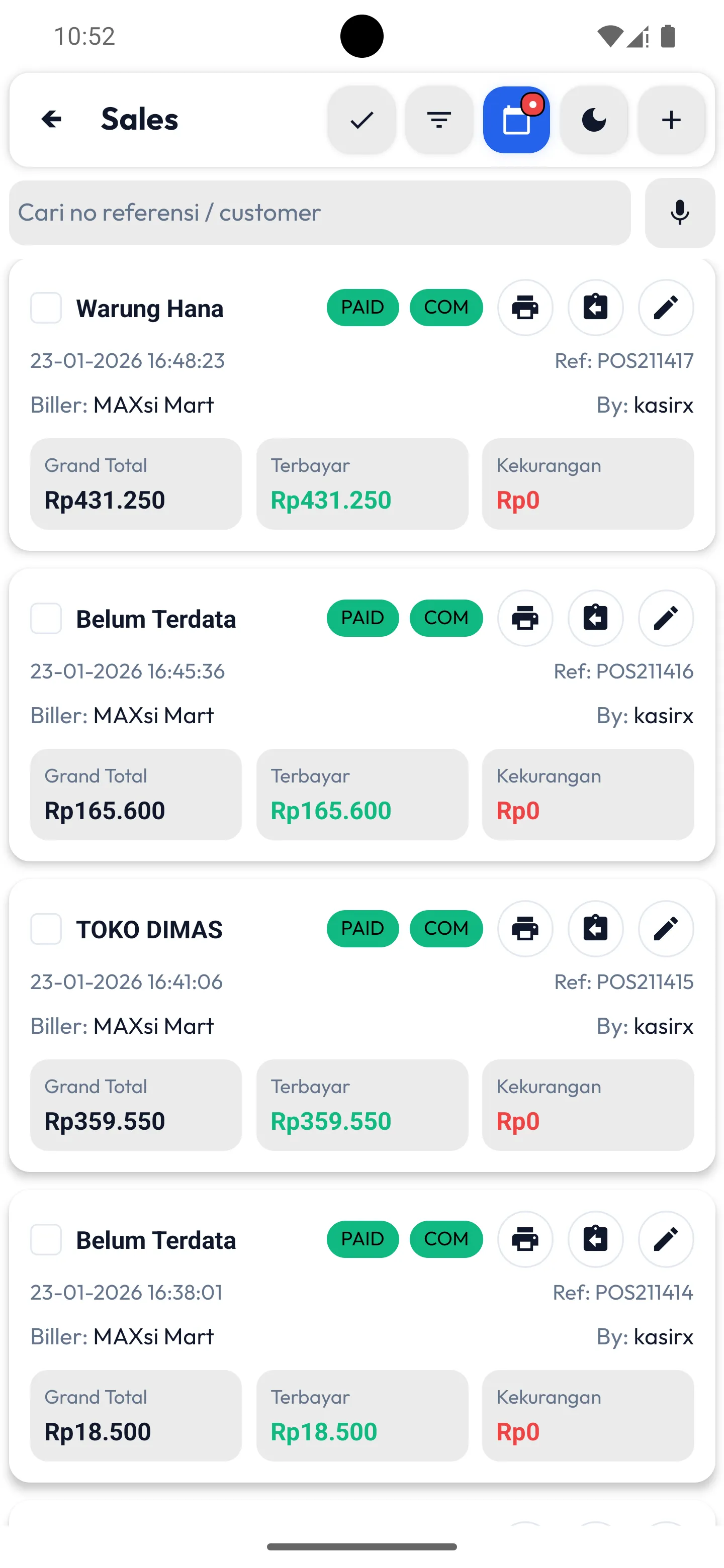 Tampilan penjualan aplikasi kasir toko sembako dan minimarket - MAXsi POS
