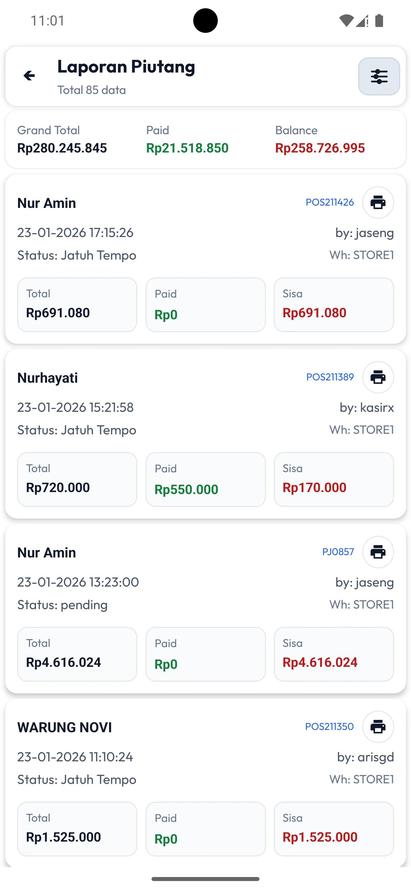 Tampilan piutang aplikasi kasir toko sembako dan minimarket - MAXsi POS