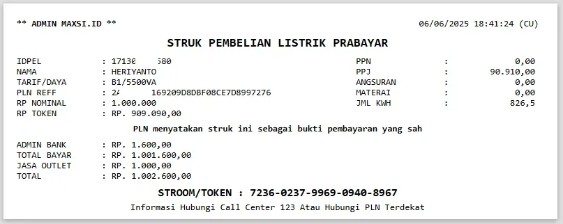 Contoh Struk Bayar PLN MAXsi Reload