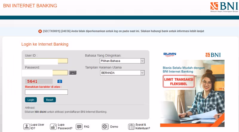 Bank BNI Anda tidak diperkenankan untuk log on pada saat ini
