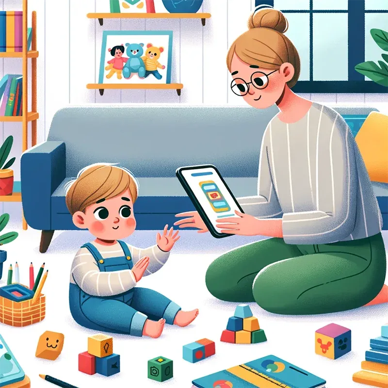 Ibu dan anak bermain tablet di ruang keluarga.