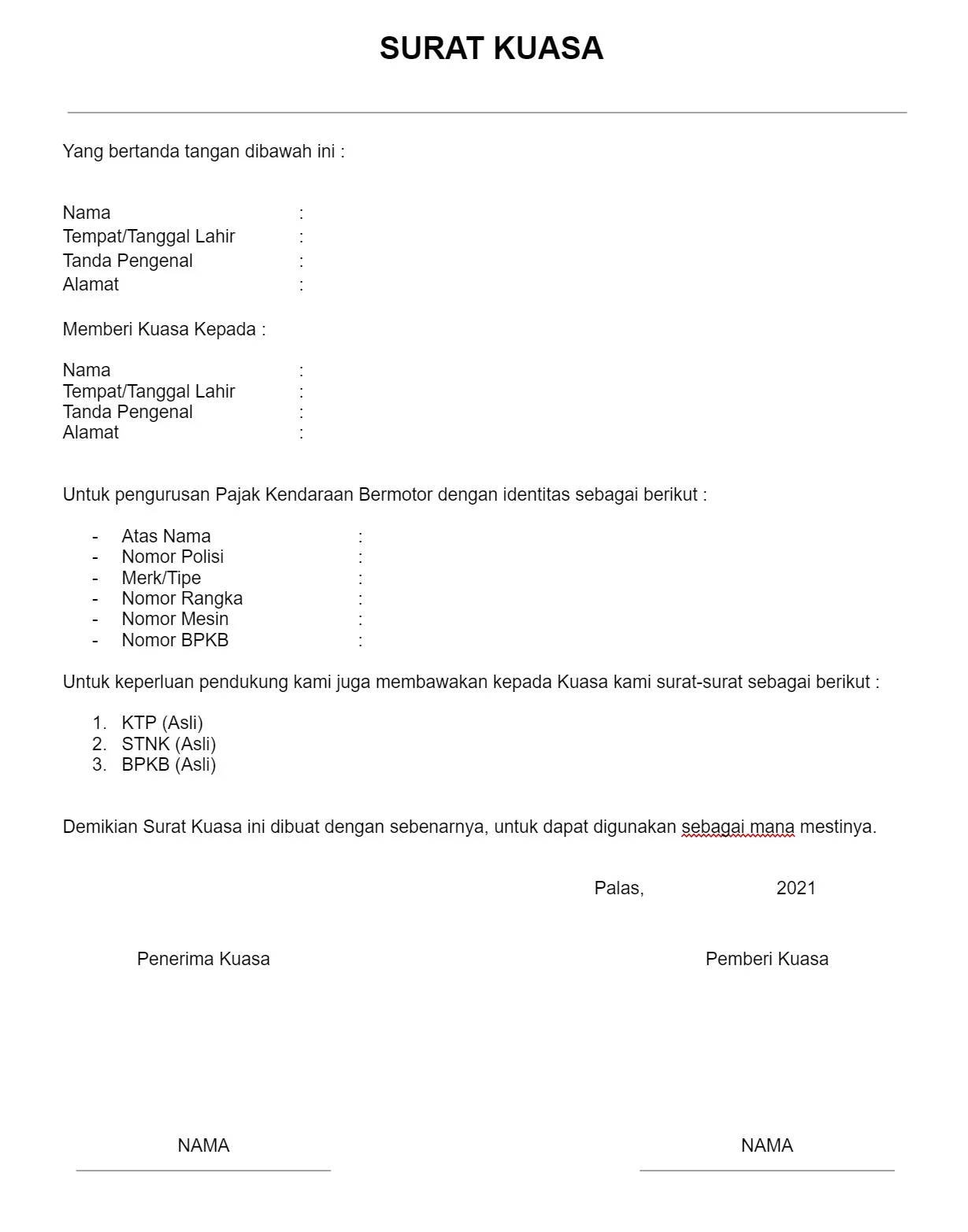 contoh surat kuasa untuk pajak kendaraan motor mobil