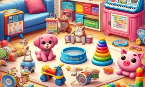 Ruang main penuh mainan berwarna-warni dan boneka.