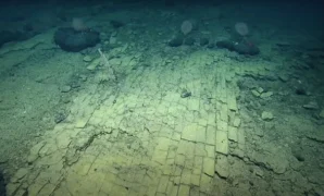 Jalan batu bata kuning di dasar laut.