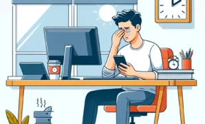 Pria lelah menggunakan komputer dan memegang ponsel.