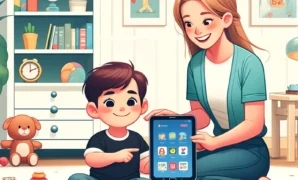 Ibu dan anak bermain aplikasi edukasi di tablet.