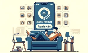 Pria bersantai di sofa dengan aplikasi Maxsi Reload di ponsel.
